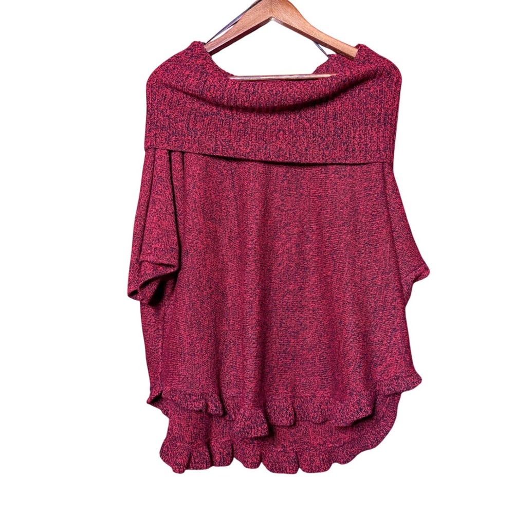 Notations Poncho Sweater Women 2X Burgundy Black Knit Cowl Neck‎ Ruffle Marled